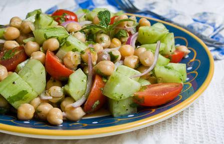 picture of a bowl of chickpea salad with cucumbers and tomatoes